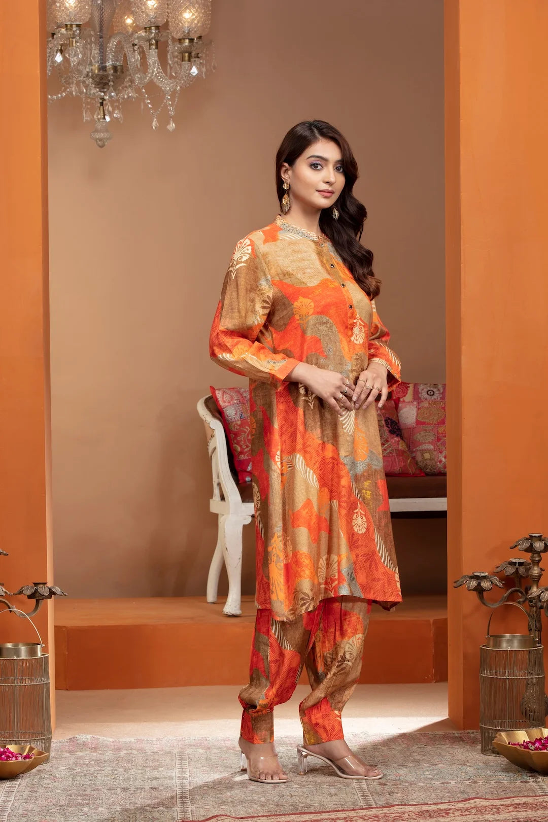 Multicolor Crepe Kurta Set with Pearl Accents and Artistic Prints