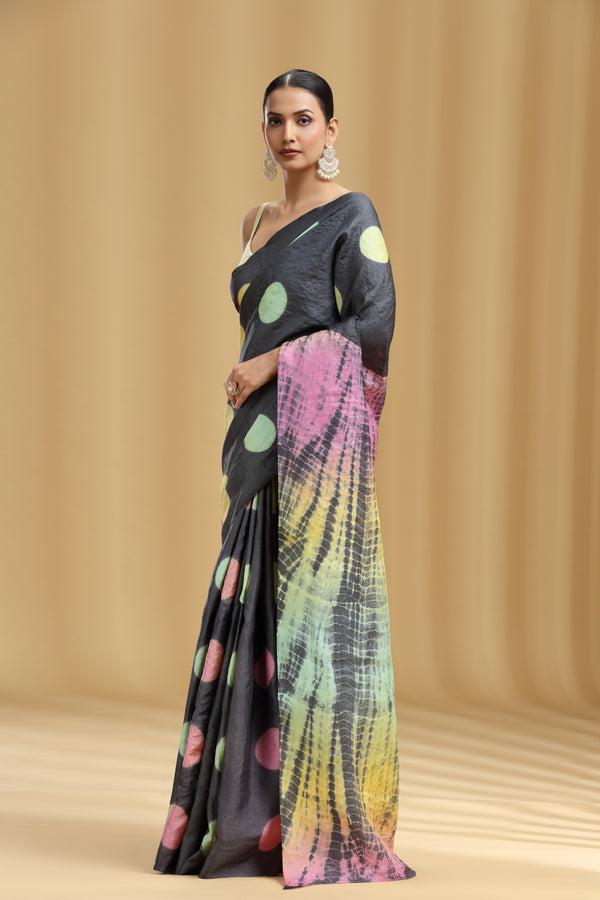 Grey Dola Silk Tussar Print Saree (Unstitched)