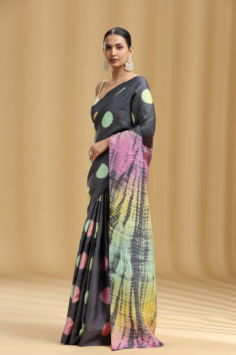 Grey Dola Silk Tussar Print Saree (Unstitched)