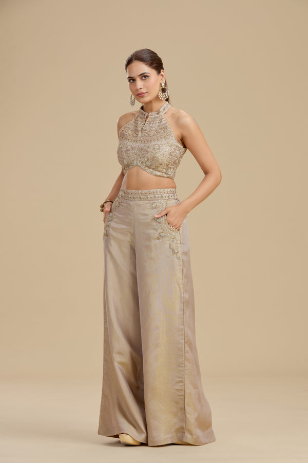 Bronze Gold Tissue Suit Set with Cutdana, Zari & Zardosi Work