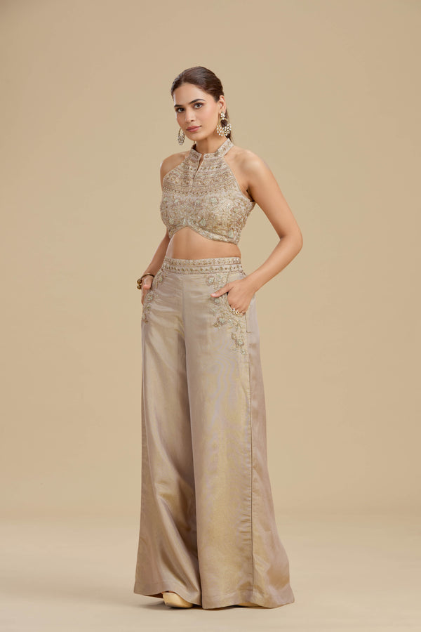 Bronze Gold Tissue Suit Set with Cutdana, Zari & Zardosi Work