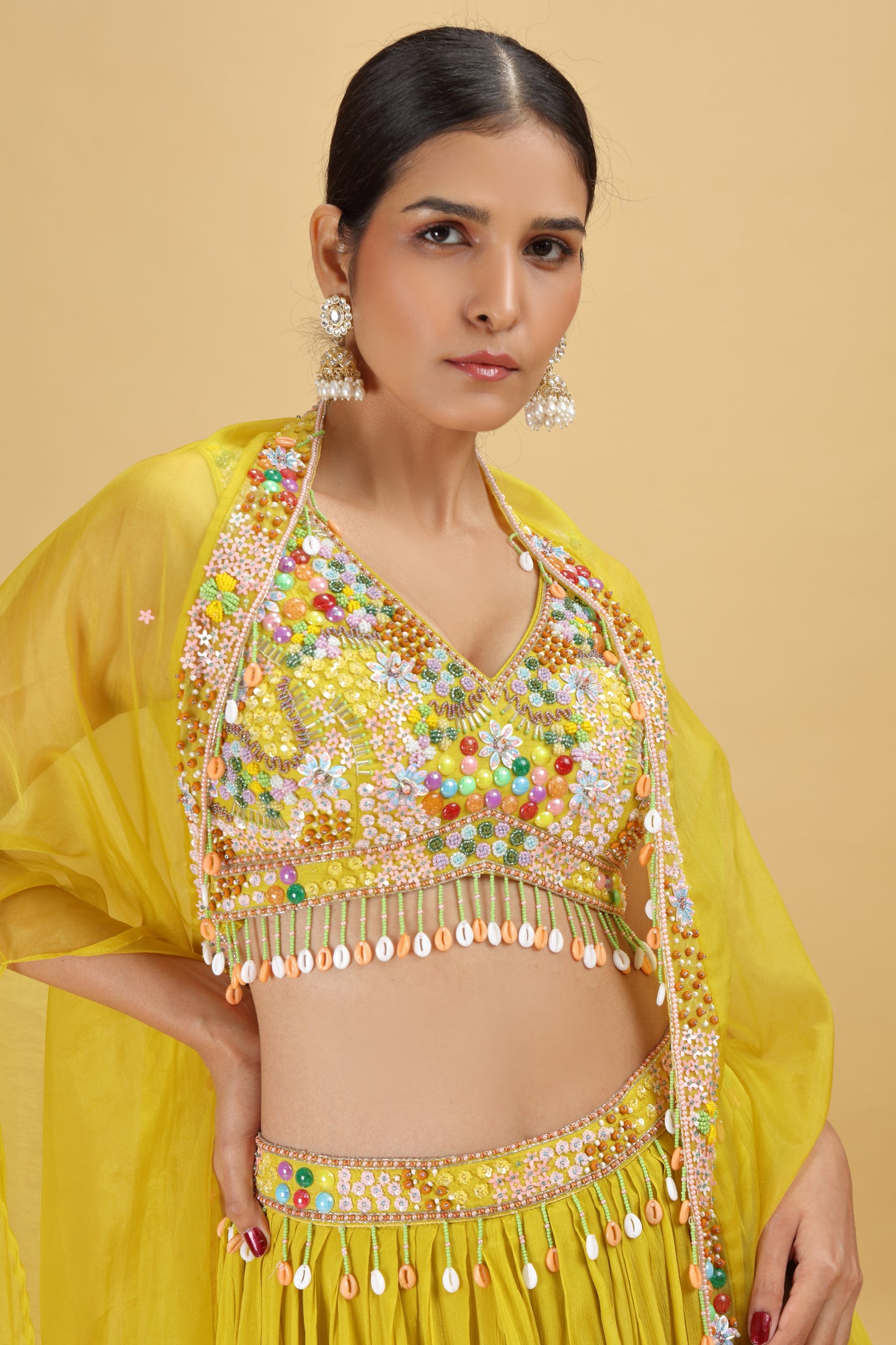 Lime Raw Silk Suit Set with Organza Dupatta & Abla Work