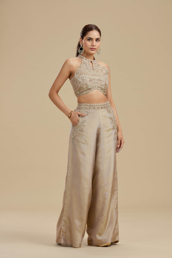 Bronze Gold Tissue Suit Set with Cutdana, Zari & Zardosi Work
