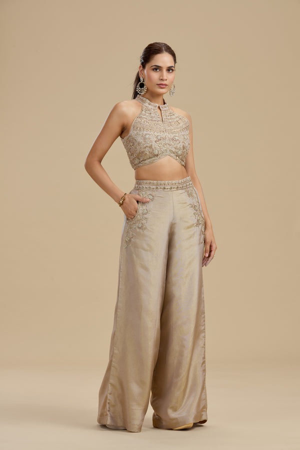 Bronze Gold Tissue Suit Set with Cutdana, Zari & Zardosi Work