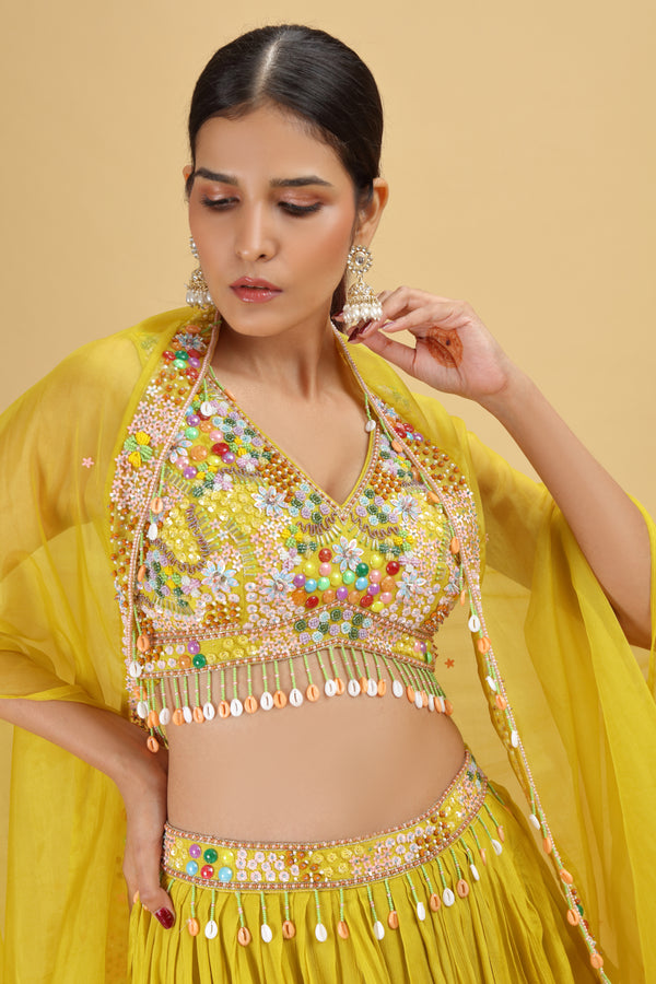 Lime Raw Silk Suit Set with Organza Dupatta & Abla Work