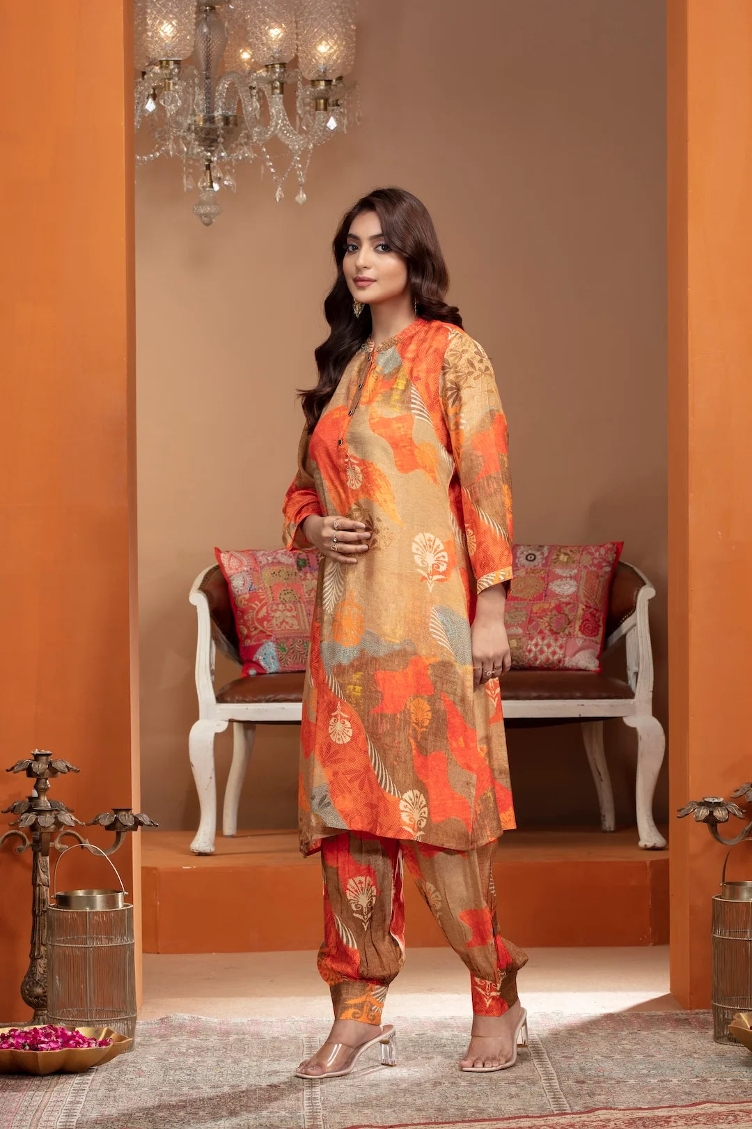 Multicolor Crepe Kurta Set with Pearl Accents and Artistic Prints