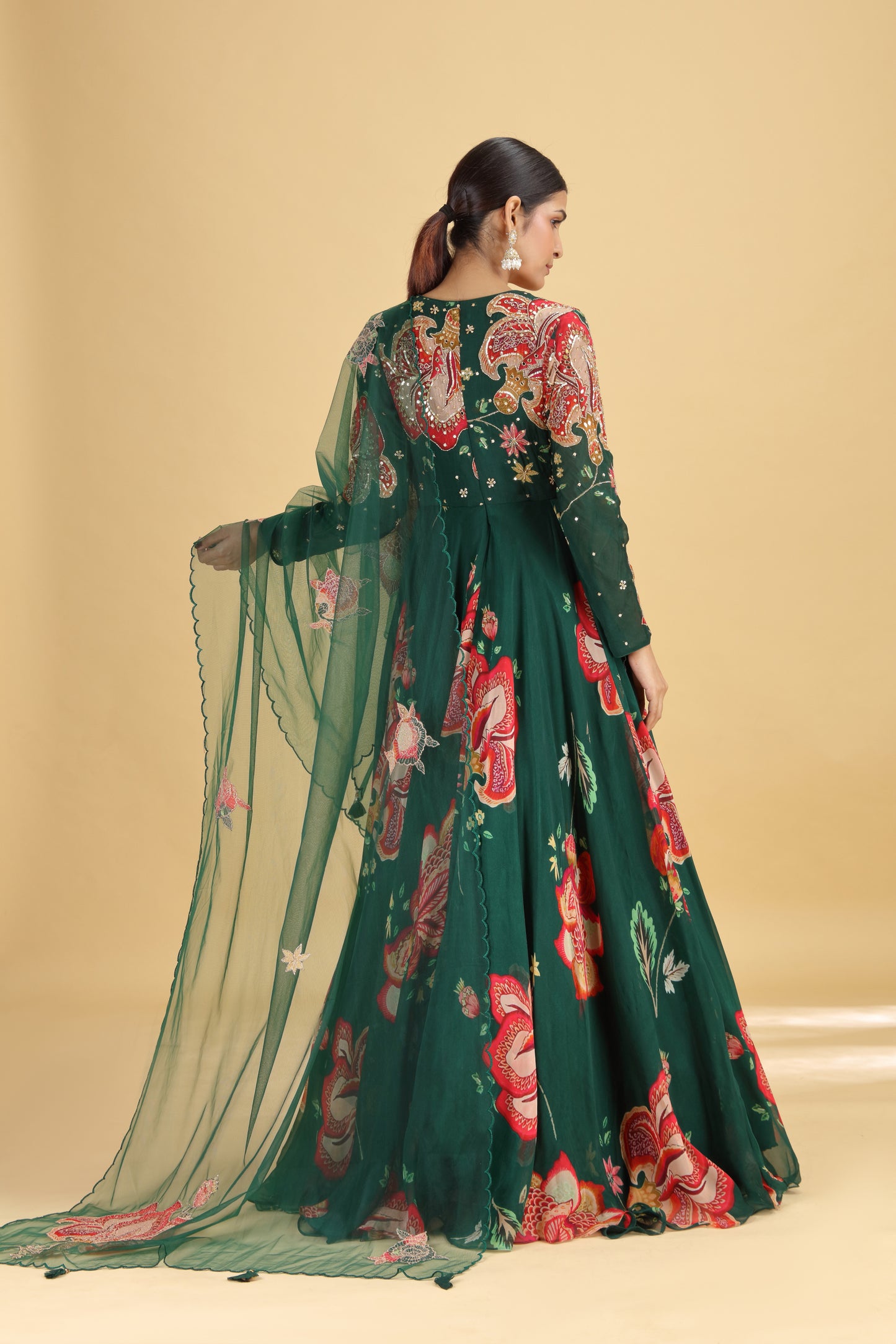Bottle Green Crepe Gown with Mirror & Resham Work
