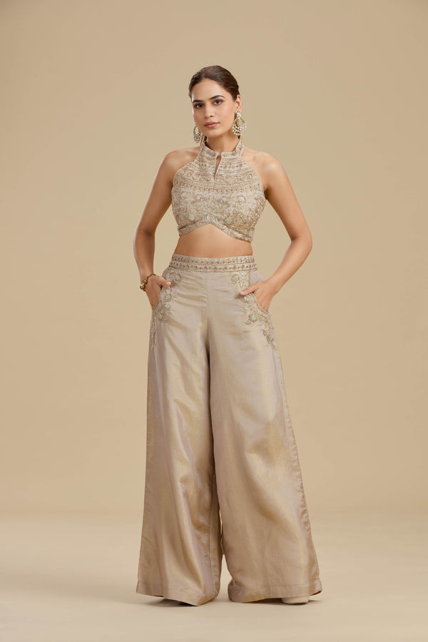 Bronze Gold Tissue Suit Set with Cutdana, Zari & Zardosi Work