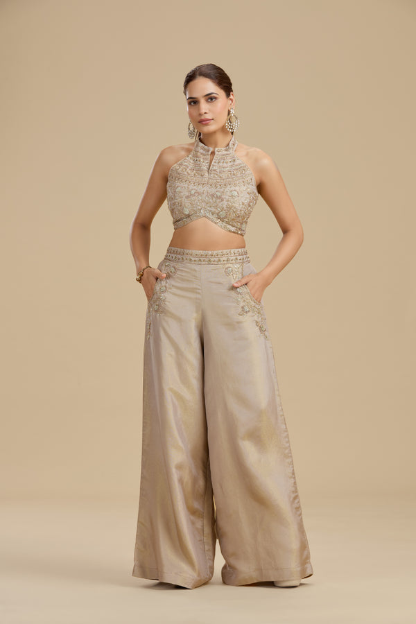 Bronze Gold Tissue Suit Set with Cutdana, Zari & Zardosi Work