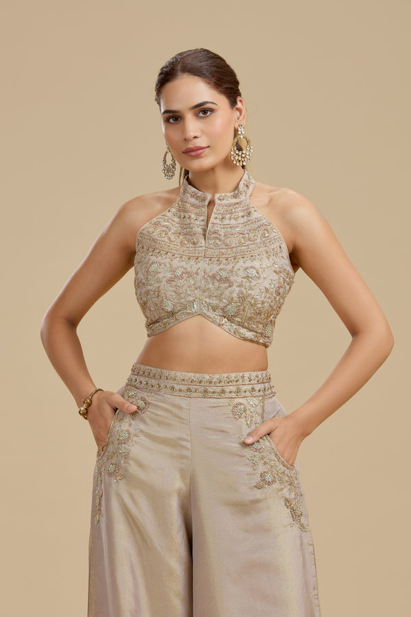 Bronze Gold Tissue Suit Set with Cutdana, Zari & Zardosi Work