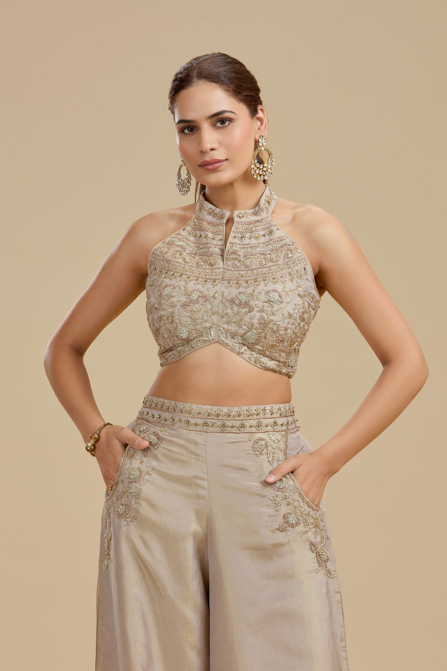 Bronze Gold Tissue Suit Set with Cutdana, Zari & Zardosi Work