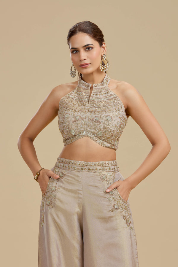 Bronze Gold Tissue Suit Set with Cutdana, Zari & Zardosi Work