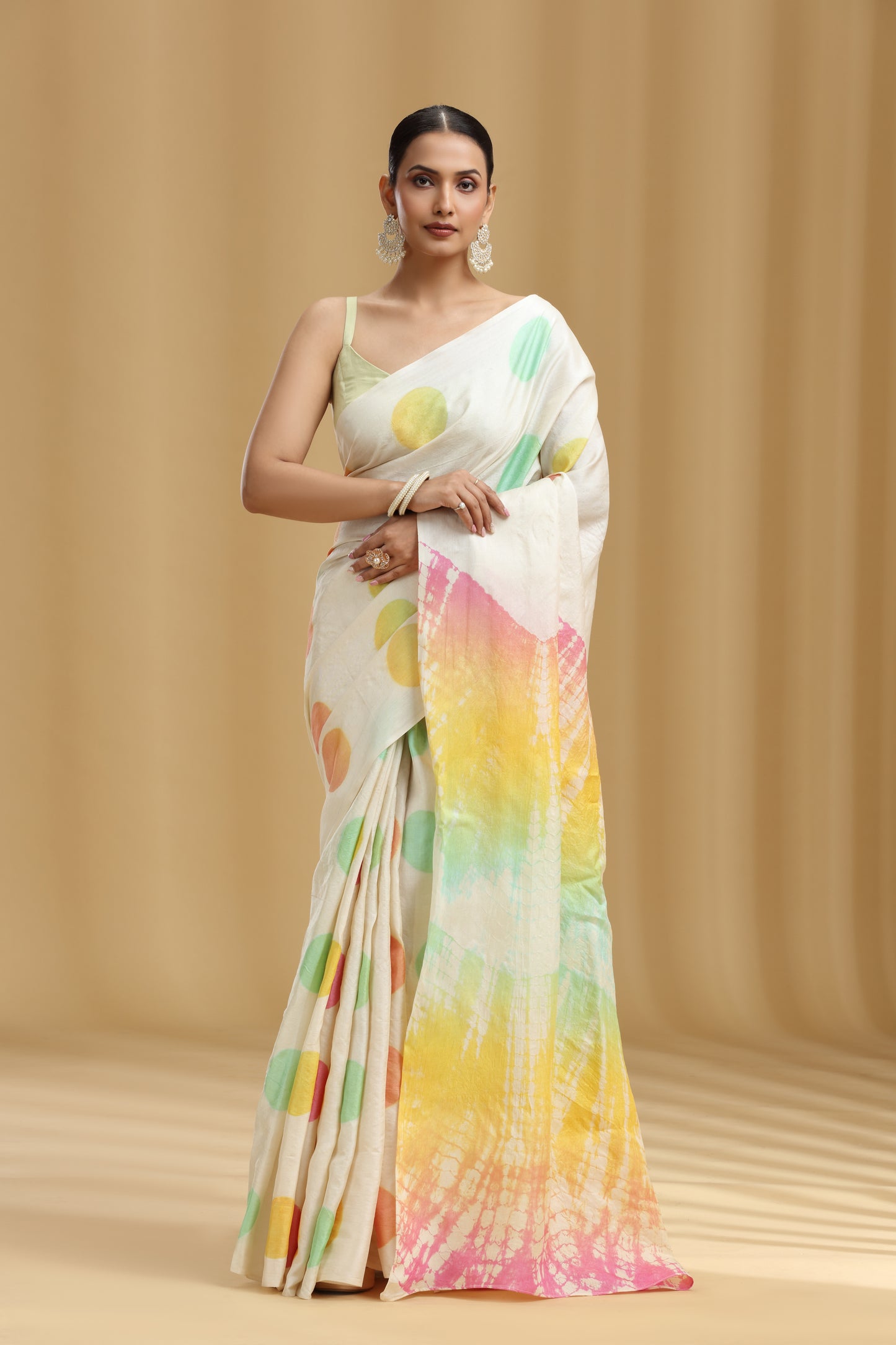 Ivory Dola Silk Tussar Batik Print Saree (Unstitched)