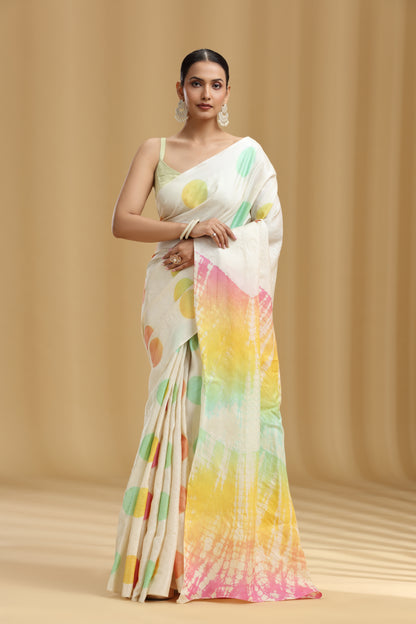 Ivory Dola Silk Tussar Batik Print Saree (Unstitched)