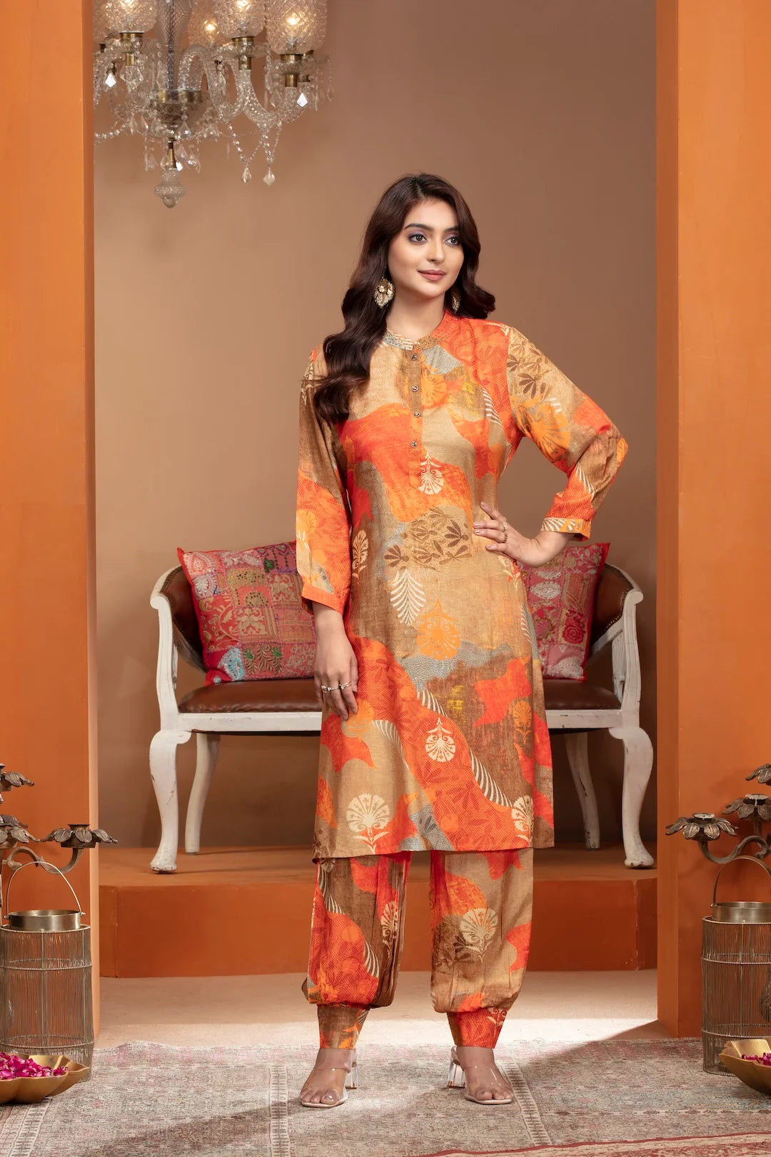Multicolor Crepe Kurta Set with Pearl Accents and Artistic Prints
