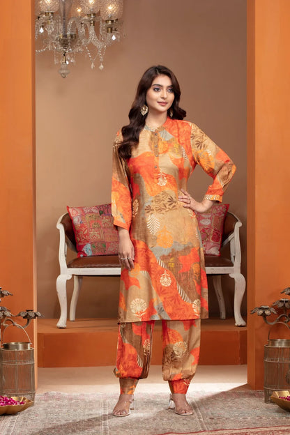 Multicolor Crepe Kurta Set with Pearl Accents and Artistic Prints