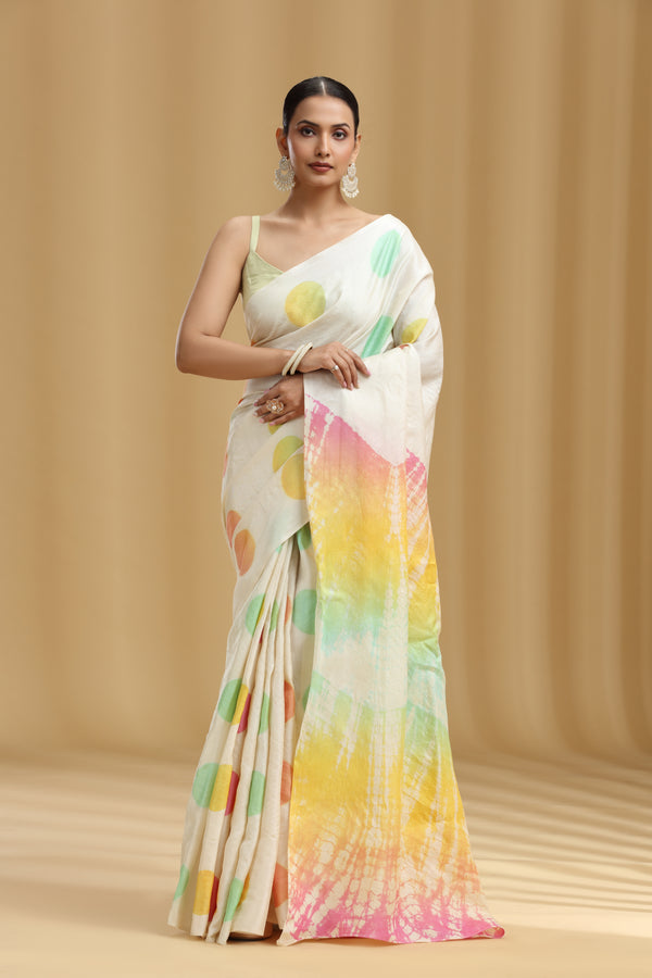 Ivory Dola Silk Tussar Batik Print Saree (Unstitched)