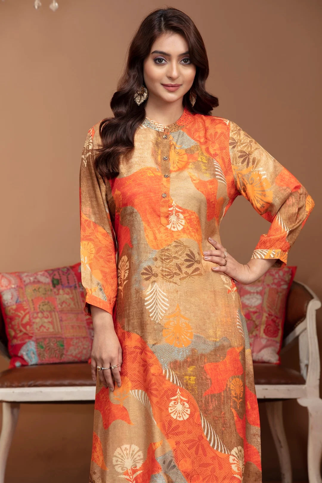 Multicolor Crepe Kurta Set with Pearl Accents and Artistic Prints