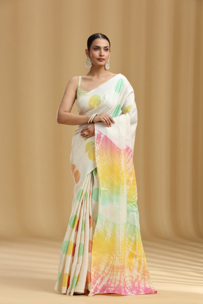 Ivory Dola Silk Tussar Batik Print Saree (Unstitched)