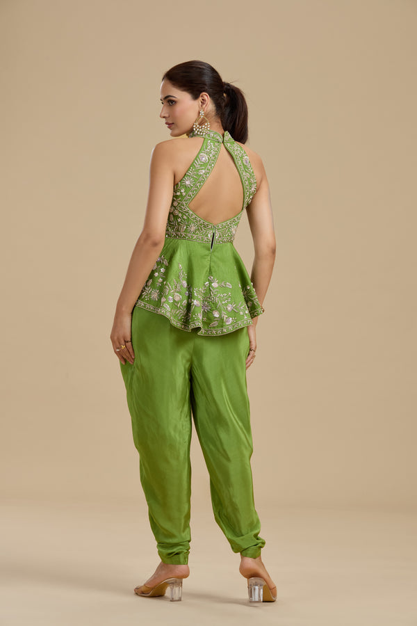 Green Raw Silk Suit Set with Sequins, Pearls & Zardosi Work