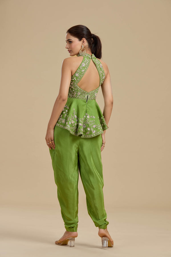 Green Raw Silk Suit Set with Sequins, Pearls & Zardosi Work