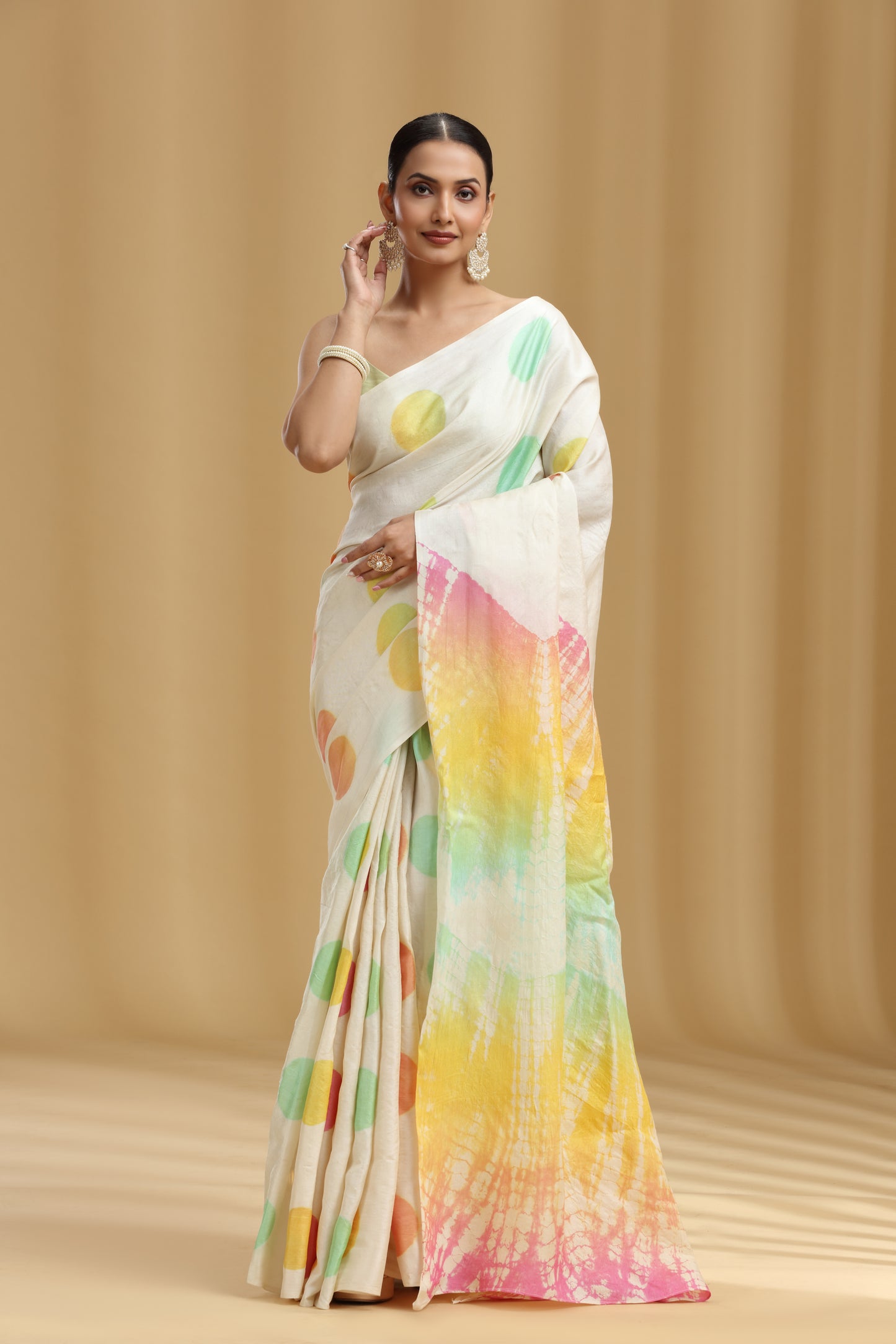 Ivory Dola Silk Tussar Batik Print Saree (Unstitched)