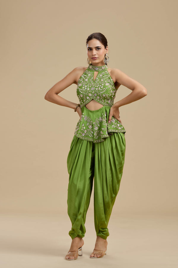 Green Raw Silk Suit Set with Sequins, Pearls & Zardosi Work