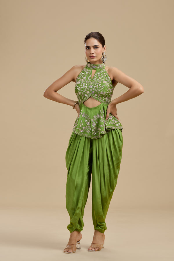 Green Raw Silk Suit Set with Sequins, Pearls & Zardosi Work