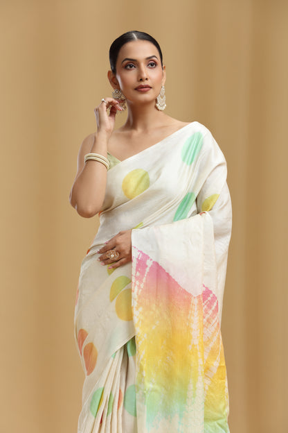 Ivory Dola Silk Tussar Batik Print Saree (Unstitched)
