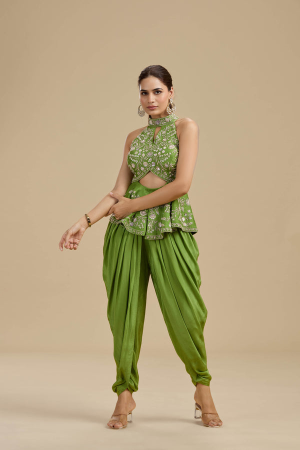 Green Raw Silk Suit Set with Sequins, Pearls & Zardosi Work