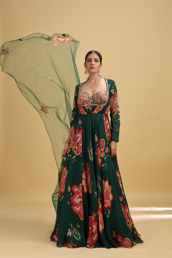 Bottle Green Crepe Gown with Mirror & Resham Work