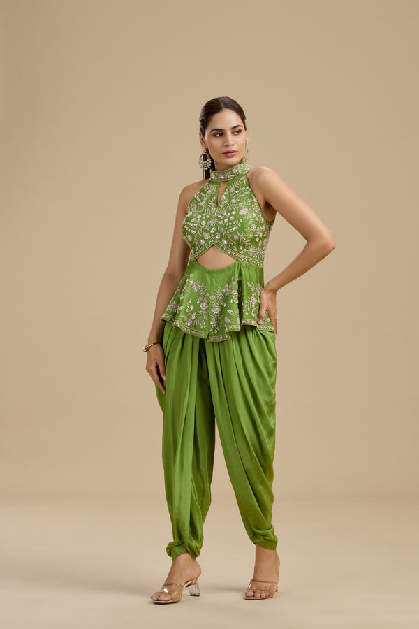 Green Raw Silk Suit Set with Sequins, Pearls & Zardosi Work