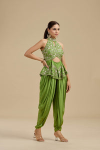 Green Raw Silk Suit Set with Sequins, Pearls & Zardosi Work