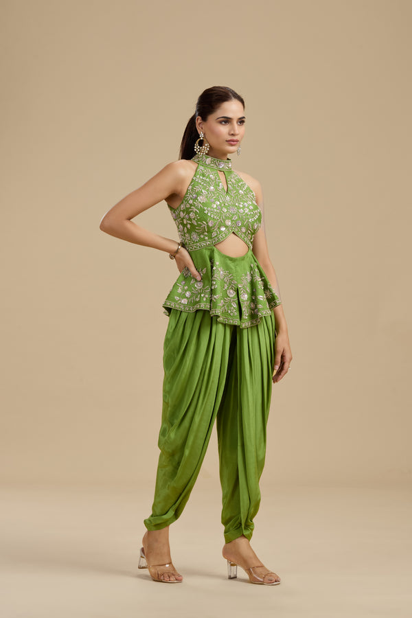 Green Raw Silk Suit Set with Sequins, Pearls & Zardosi Work