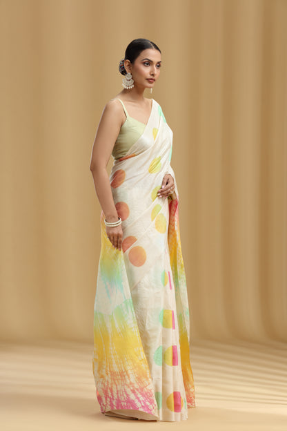 Ivory Dola Silk Tussar Batik Print Saree (Unstitched)