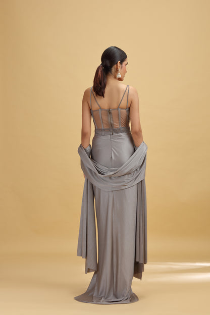 Grey Lycra Saree with Stitched Blouse and Stone Embellishments