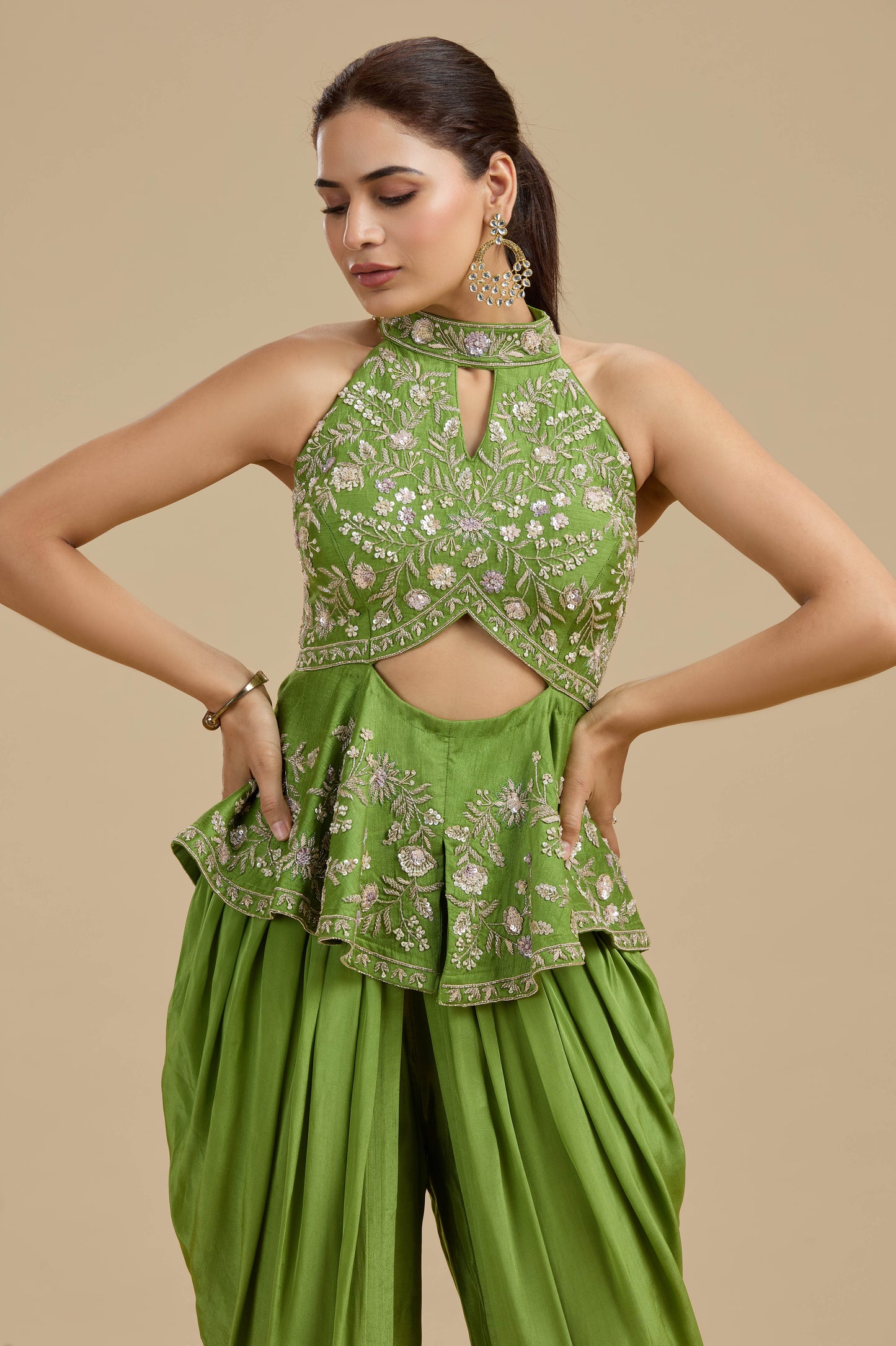 Green Raw Silk Suit Set with Sequins, Pearls & Zardosi Work