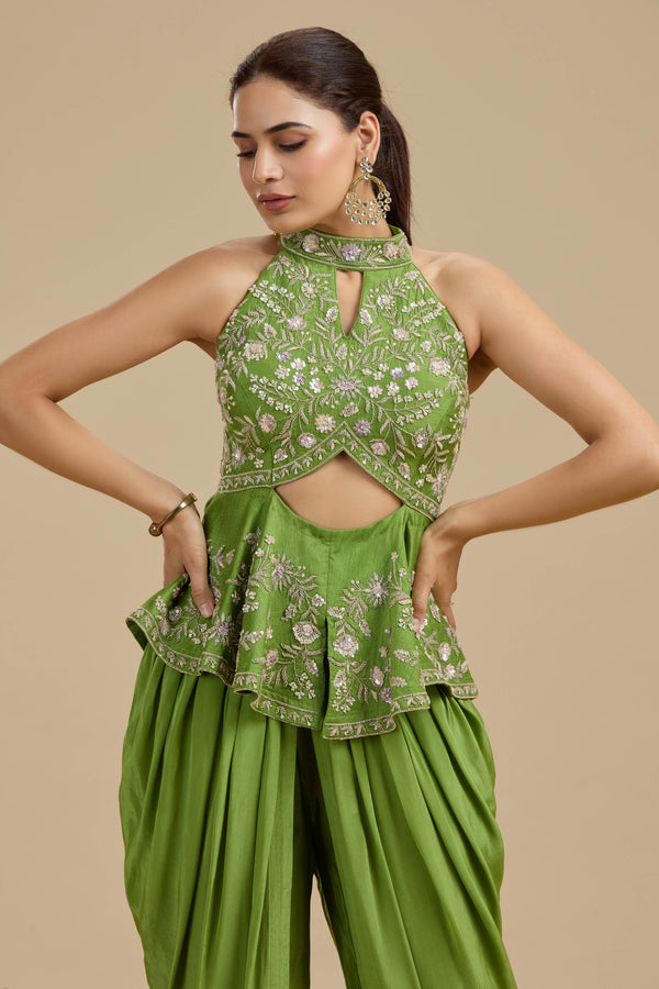 Green Raw Silk Suit Set with Sequins, Pearls & Zardosi Work
