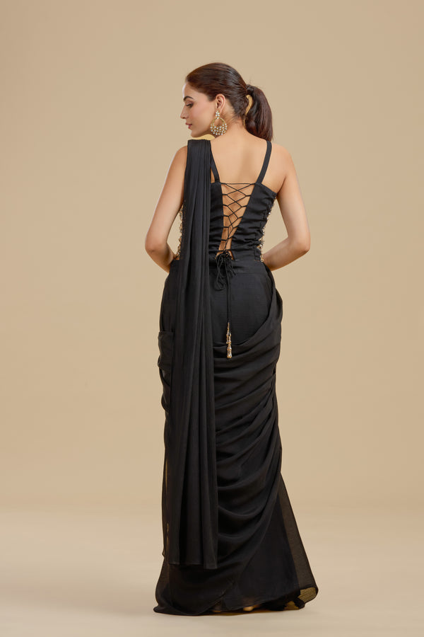 Black Draped Saree with Intricate Kundan Blouse