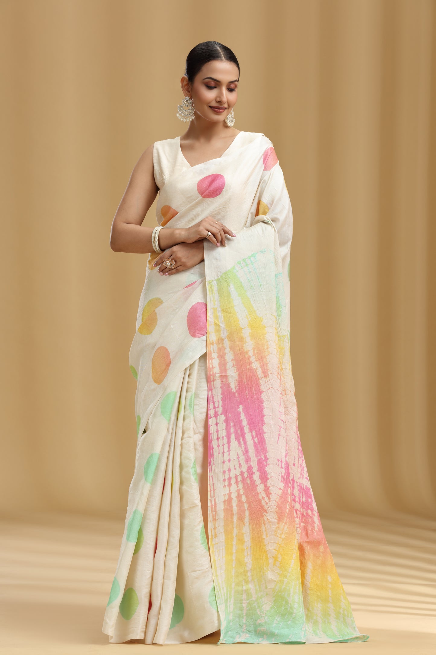 Ivory Dola Silk Tussar Print Saree (Unstitched)