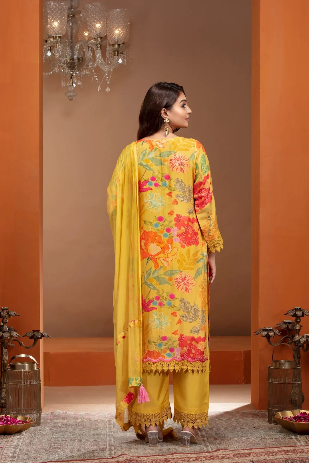 Yellow Crepe Kurta with Gota Patti, Mirror & Thread Work