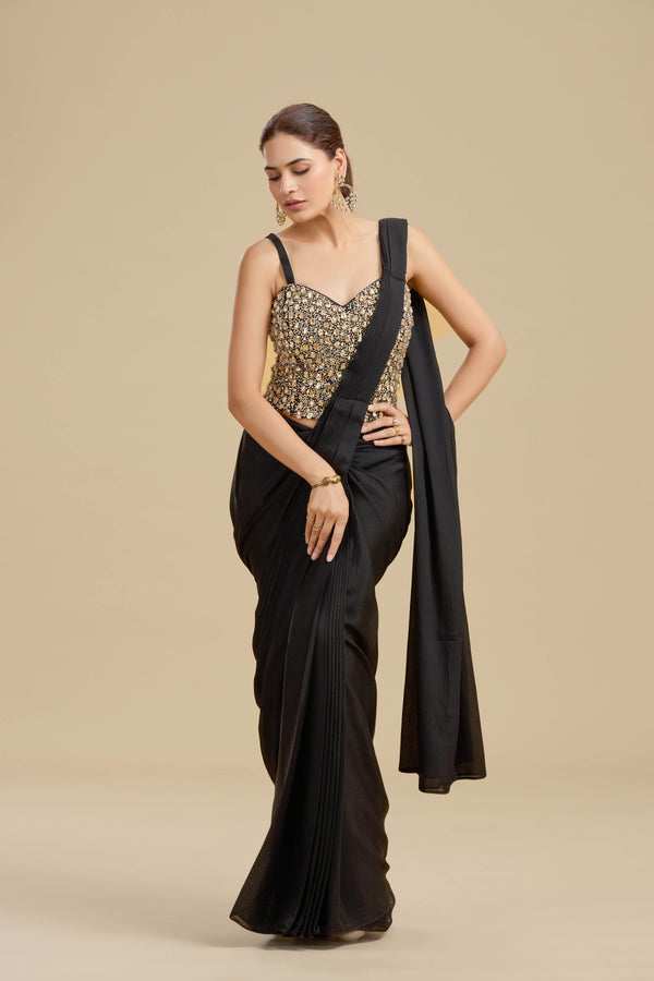 Black Draped Saree with Intricate Kundan Blouse