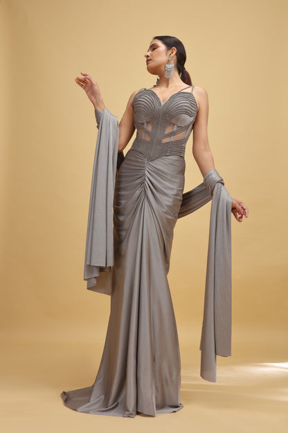 Grey Lycra Saree with Stitched Blouse and Stone Embellishments