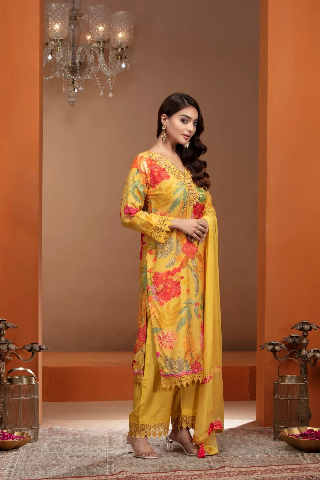 Yellow Crepe Kurta with Gota Patti, Mirror & Thread Work