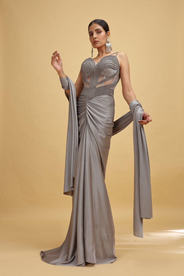 Grey Lycra Saree with Stitched Blouse and Stone Embellishments