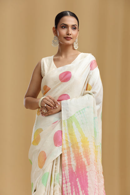 Ivory Dola Silk Tussar Print Saree (Unstitched)