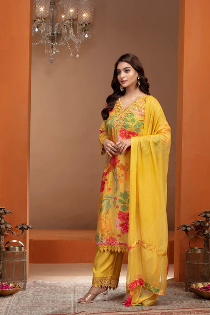 Yellow Crepe Kurta with Gota Patti, Mirror & Thread Work
