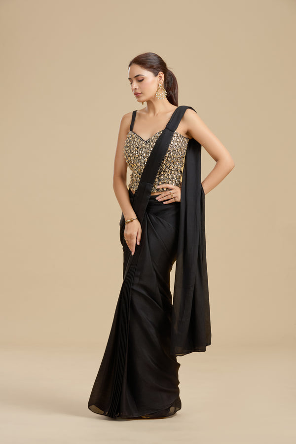 Black Draped Saree with Intricate Kundan Blouse
