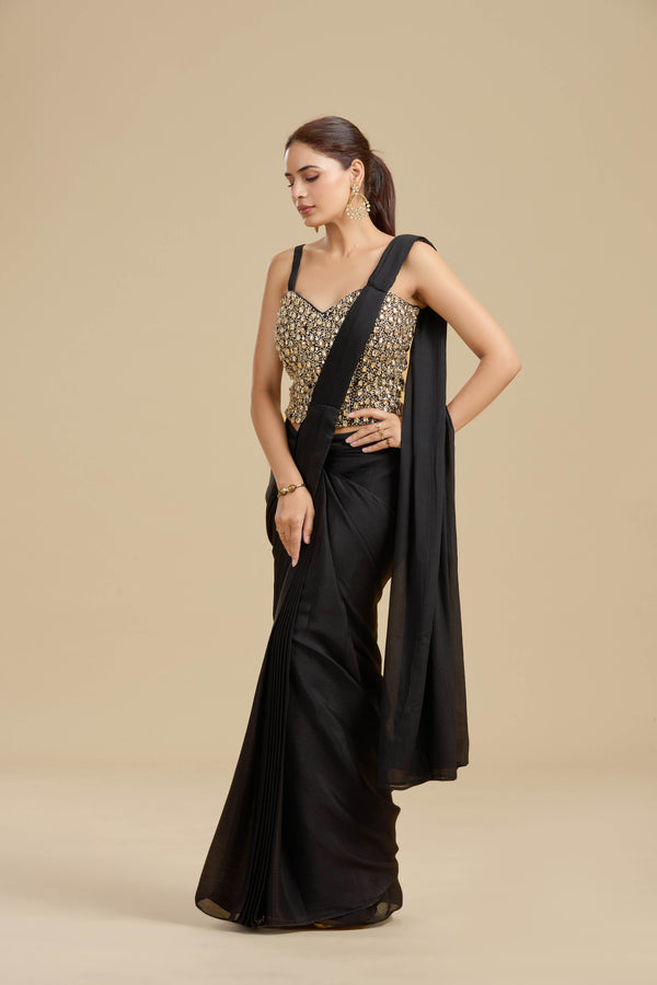Black Draped Saree with Intricate Kundan Blouse