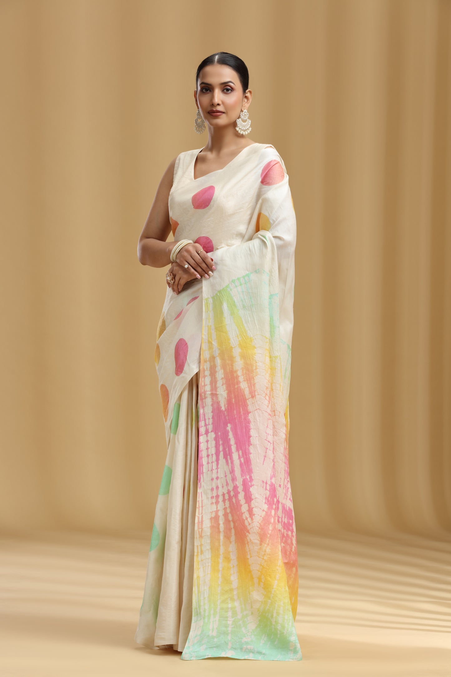 Ivory Dola Silk Tussar Print Saree (Unstitched)